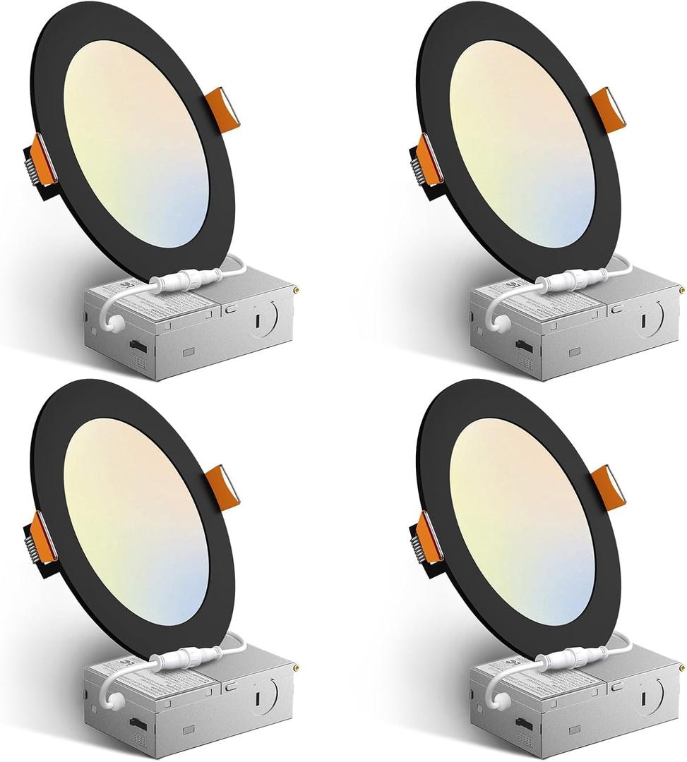 Amico 4 Pack 6 Inch Black 5CCT Ultra-Thin LED Recessed Light with Junction Box, 2700K/3000K/3500K/4000K/5000K Selectable, 12W Eqv 110W 1050LM Dimmable Canless Wafer Downlight, ETL & FCC