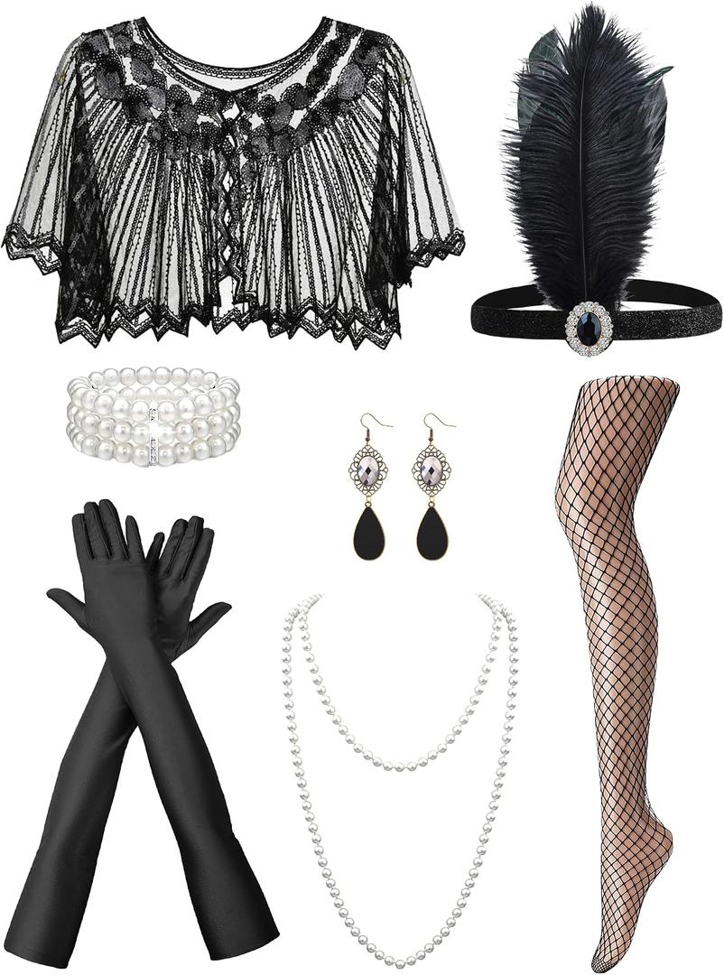 Zinniday 1920s Accessories Set for Women, 7 Pack Vintage Roaring 20s Flapper Outfits with Headpiece for 20's Women Costume