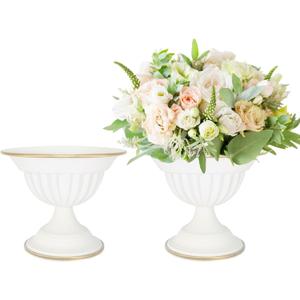 White Flower Vases for Centerpieces: Wedding Compote Bowl 5.1 Inch Small Urn Vase Metal Pedestal Vase for Table Party Event Home Set of 2