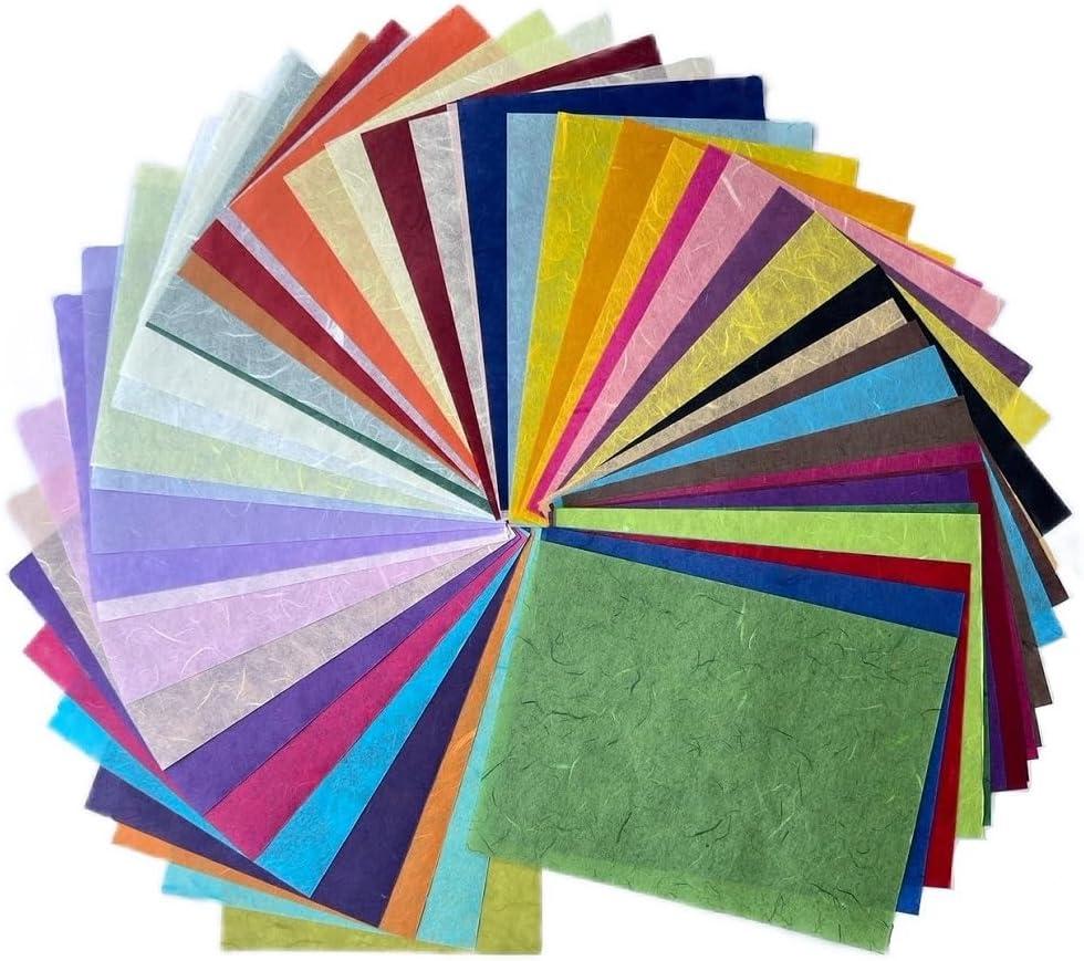 A5 50 Sheets Natural Fiber Mulberry Tree Mulberry Paper Sheets Art Tissue Washi Paper Design Craft Art Origami Suppliers Card Making 8.3" x 5.8". (Mixed 50 Color, A5)