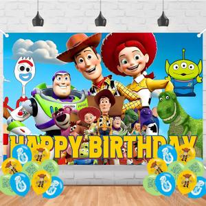 Toy Inspired Story Happy Birthday Backdrop Toy Inspired Story Banner Poster for Cartoon Theme Party Decorations Toy Inspired Story Birthday Supplies Background Studio Shoot Photo Props Booth