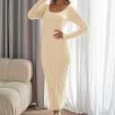 MEROKEETY Women's Fall Long Sleeve Sweater Dress Casual Ribbed Knit Slim Fit Bodycon Maxi Dresses (Beige, L)