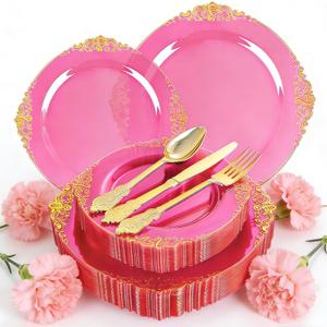 125PCS Hot Pink Plastic Plates - Clear Pink Gold Disposable Plates - Hot Pink Party Plate with Gold Plastic Silverware Set for 25 Guests for Wedding, Birthday Party, Baby Shower, Mother's Day