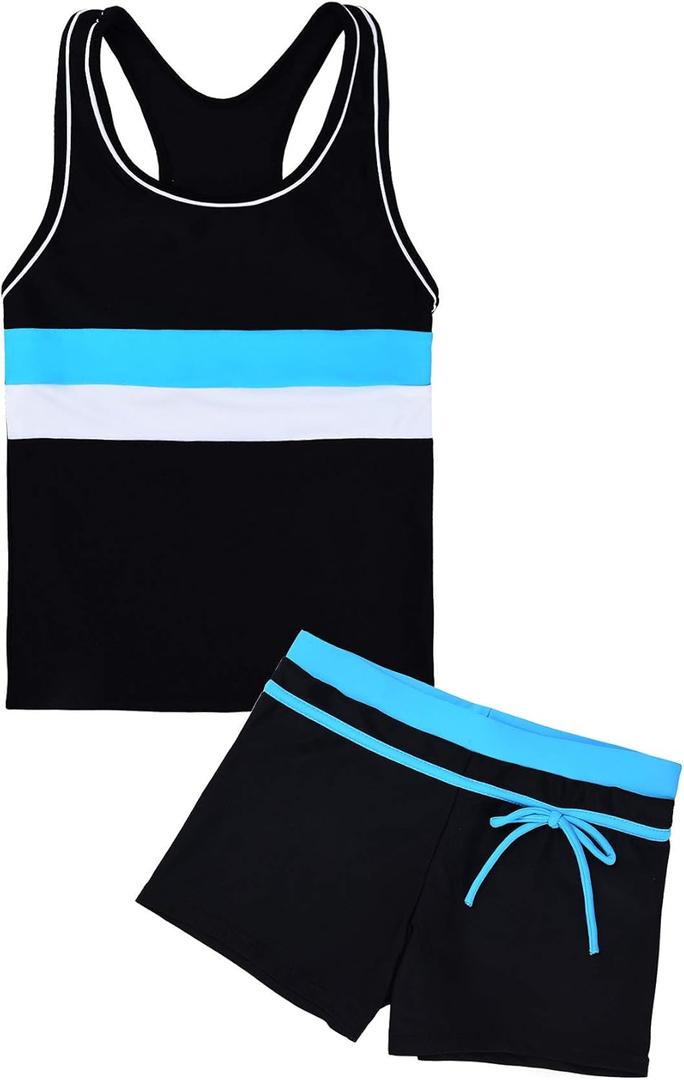 Uhnice Girls Swimsuit Two Piece Tankini Swimwear with Boyshort (3-4T, Black)