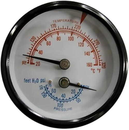 xyocx Commercial Tridicator Boiler Gauge Kit,Black Steel Case, Bronze Internals, Plastic Lens w/Red Indicator,2.5" Dial, 0-75 PSI (ft H₂O) & 70-320°F, 1/4" NPT Back Mount and Rotatable Case