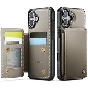 Vinich for iPhone 16 Plus 6.7" Wallet Case with Card Holder, RFID Blocking Credit Slots Kickstand Shockproof Phone Cover for Women Men, Gray