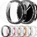 6+6 Pack Bling Case for Samsung Galaxy Watch 8 40mm Screen Protector, Sparkling Rhinestone Hard PC Case + HD Anti-Fog Tempered Glass Film, Waterproof Face Cover Set for Galaxy Watch 8 40mm