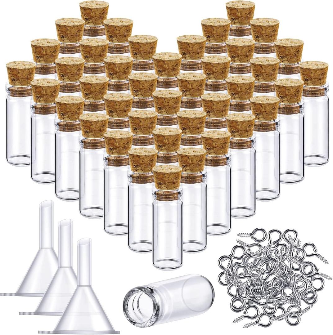 Yungyan 50 Pieces Small Mini Glass Bottles Jars with Cork Stoppers Set, Tiny Cork Glass Bottles with Eye Screws and Small Funnel for Decoration, Art Crafts, DIY Projects, Party Favors (5ml)