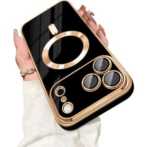 Dinick Designed for iPhone 17 Pro Case with Magnetic [Built-in Camera Cover] Compatible with MagSafe Soft TPU Glitter Cover Anti-Scratch Protective Slim for iPhone 17 Pro Case Black and Gold