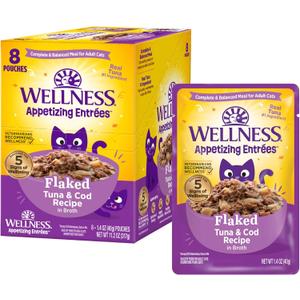 Wellness Appetizing Entrées Flaked Adult Wet Cat Food, Natural, Protein Rich, Grain Free, Tuna and Cod Recipe, 1.4 oz, Pack of 8 Pouches, BB: 22 Mar 2027