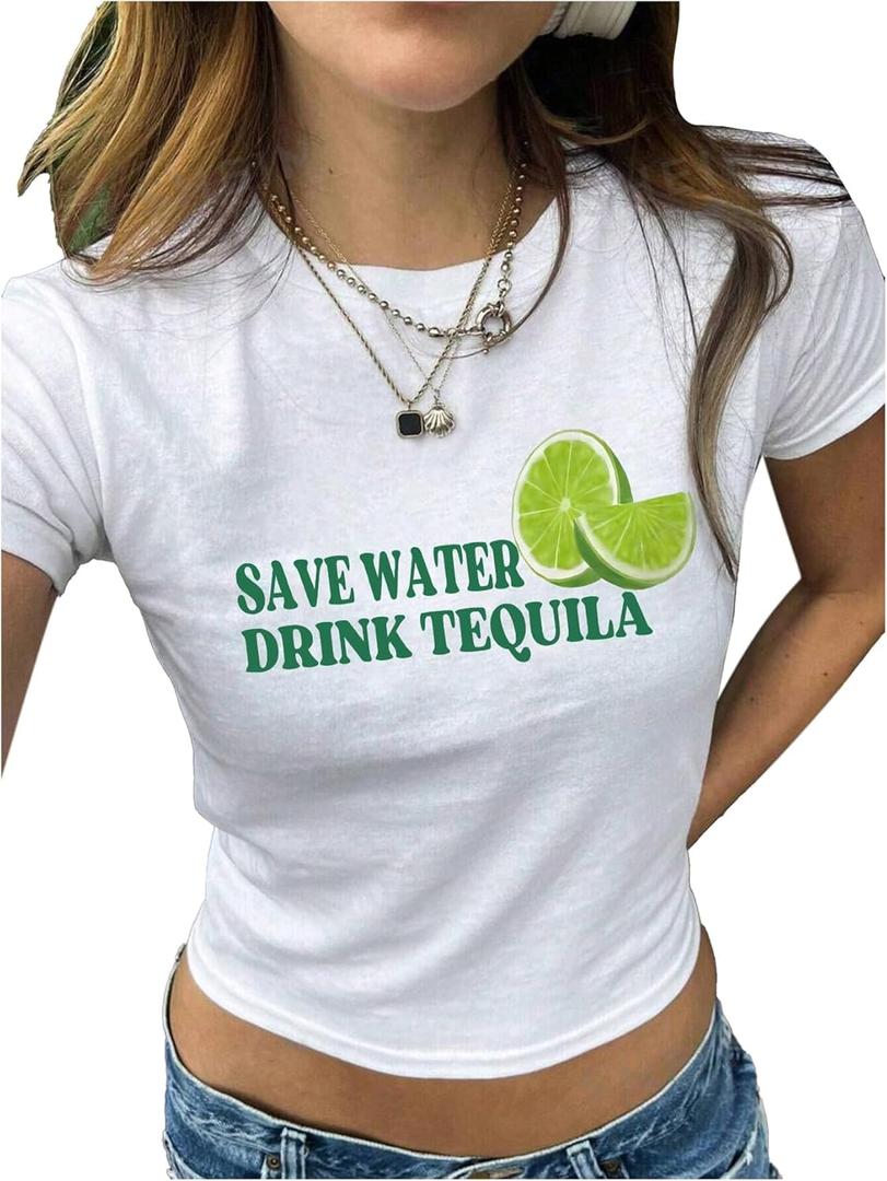 SHENHE Women's Summer Lemon Graphic T Shirt Crop Top Crew Neck Short Sleeve Slim Fit Cute Print Baby Tee (White, S)