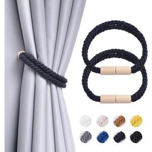 NICEEC 2 Pack Wooden Magnetic Curtain Tiebacks Boho Decoration Drape Tie Backs Natural Cotton Handmade Double Rope Curtain Holdbacks for Thin & Thick Home & Office Window Drapery (Black)