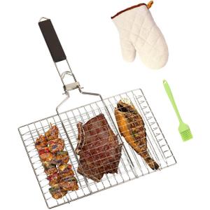 Fish Grill Basket BBQ Grilling Rack Kabob Veggies Shrimp Stainless Steel Cage Holder with Cleaning and Oil Brushes Oven Gloves
