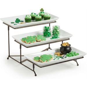 LAUCHUH 3 Tier Serving Tray for Party, Porcelain Tiered Serving Tray Stand Collapsible Sturdier Metal Rack Fruit Tray with 2 Cross Bars for St. Patrick's Day Dessert Party Display Set, 12 Inch, Bronze