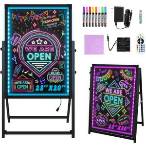 Hosim Standing A-Frame LED Message Writing Board 28x 20", Neon Signs Chalkboard Menu Board, 16 Colors Light Board, LED Drawing Sign Board, LED Note Board with Colors for Christmas Light Up Sign