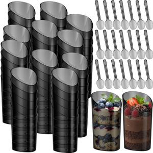 Funnymoom 50 Set 3 oz Mini Dessert Cups with Spoons Bulk Black Plastic Slanted Round Parfait Appetizer Cups Shooter for Desserts Yogurt Mousse Pudding Fruit Cake Wedding Party