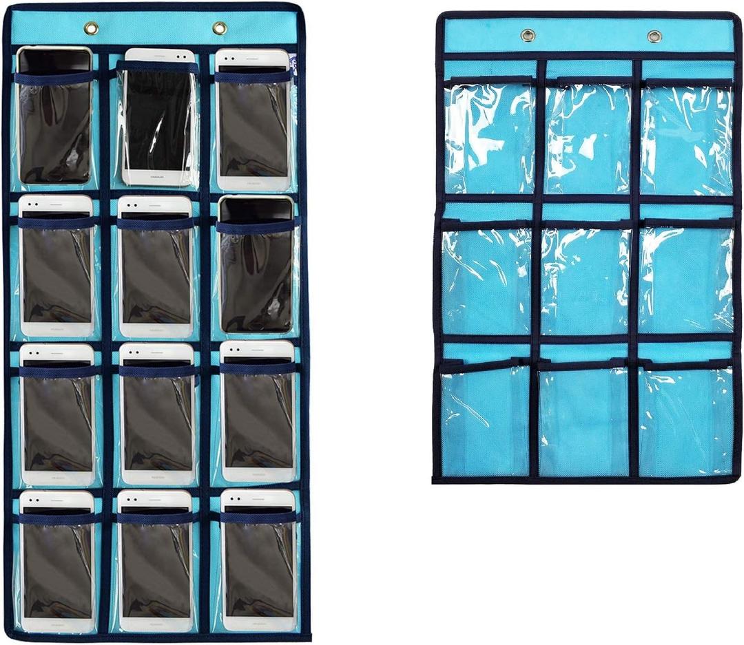 NIMES Hanging Closet Underwear Sock Jewelry Storage Over The Door Classroom Cell Phone Calculator Organizer Clear Pockets (BLUE-12 & 9 POCKETS PACK)