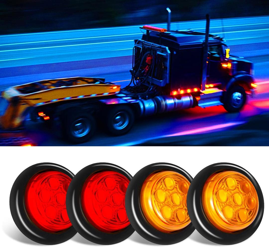 4 Pack Sealed Waterproof Round 2" Inch Amber Red 7 LED Clearance Marker Lights Signal Tail Light with Rubber Grommet Flush Mount for Trailer Truck Bus Pickup ATV RV Lorry Caravan 12V