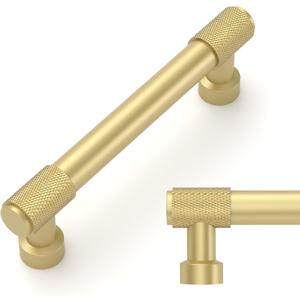 Amerdeco 10 Pack Brushed Gold Knurled Cabinet Pulls 3.75 Inch(96mm) Hole Center Kitchen Cabinet Handles Drawer Pulls Cabinet Hardware ZH0034 (3.75"/96MM Hole Center)