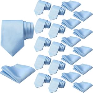 Sureio 20 Pcs Men Tie and Pocket Square Set Satin Formal Solid Ties for Men Pocket Square Handkerchief for Wedding (Blue)