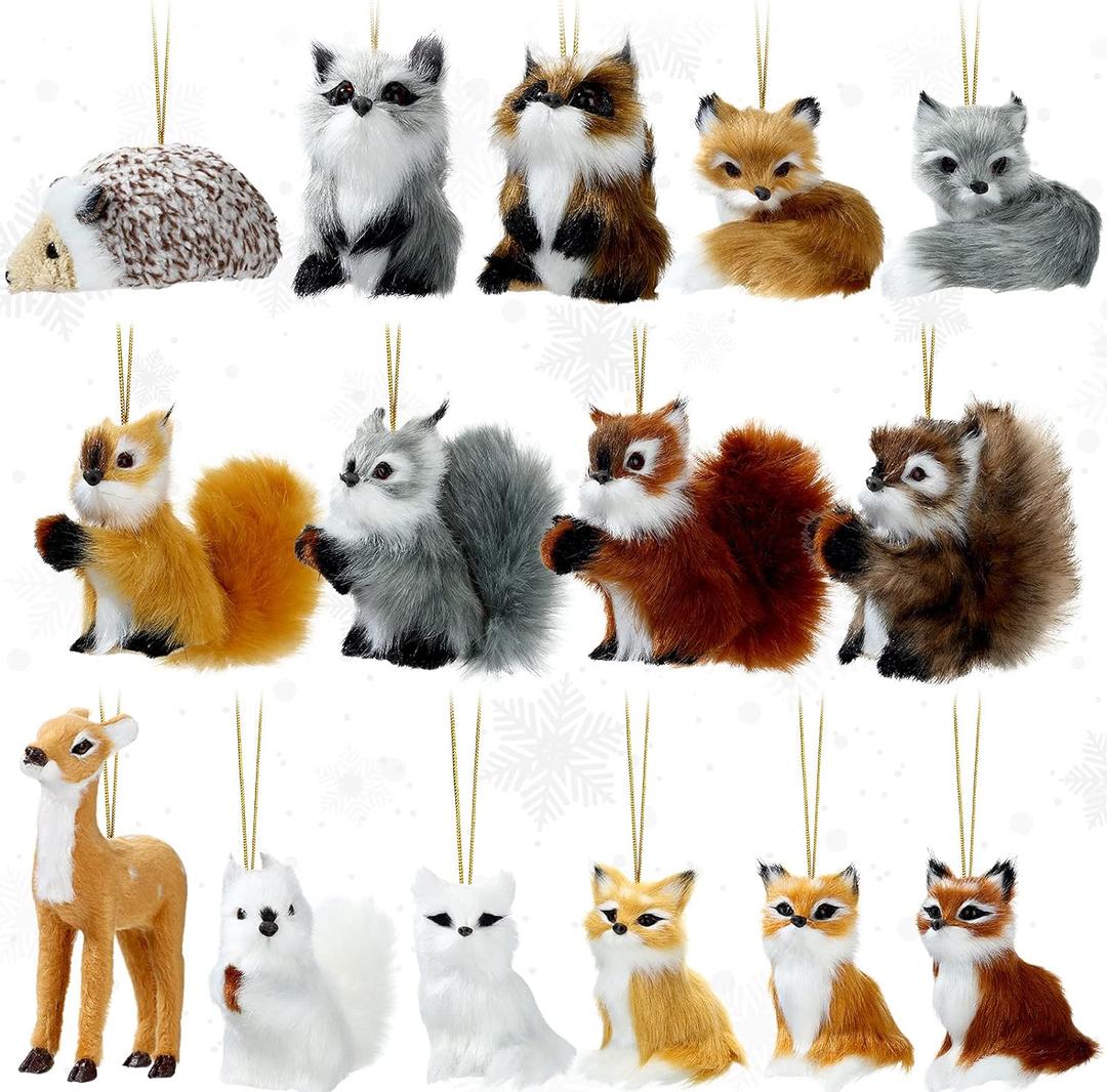 Skylety 15 Pieces Animal Ornaments, Woodland Faux Fur Animal Hanging Ornament Bulk Plush Simulation Fall Christmas Tree Decoration for Home Backpack Party Holiday