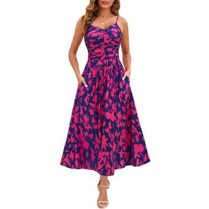 Annebouti Women 2026 Summer Spring Ruched Maxi Dress Adjustable Spaghetti Strap Floral Beach Long Sundress with Pockets (Blue, S)