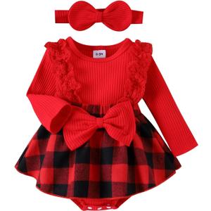 Baby Girl Clothes Fall Winter Outfit Plaid Romper Long Sleeve Dress Lace Ruffles Bodysuit with Bow Headband (9-12 Months, Red)