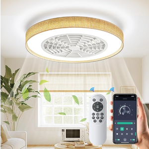 Boho Enclosed Ceiling Fan with Lights - 20 inch Low Profile Rattan Flush Mount Led Ceiling Fan with Light Dimmable Reversible Smart Ceiling Fan with Remote APP Control for Bedroom Living Room Kitchen