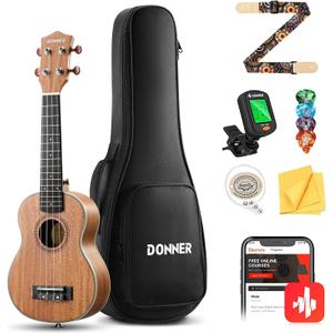 Donner Soprano Ukulele Mahogany Wood 21 inch Ukelele Beginner Kit with Free Online Lesson Gig Bag Strap Nylon String Tuner Picks Ukalalee Yukalalee Bundle Pack DUS-200