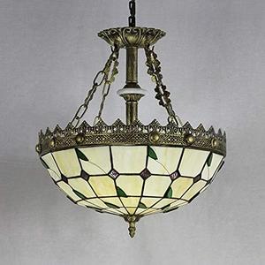 LITFAD Tiffany Style Pendant Light, Beige Stained Glass Hanging Lamp, 12 inches x 16.5 inches