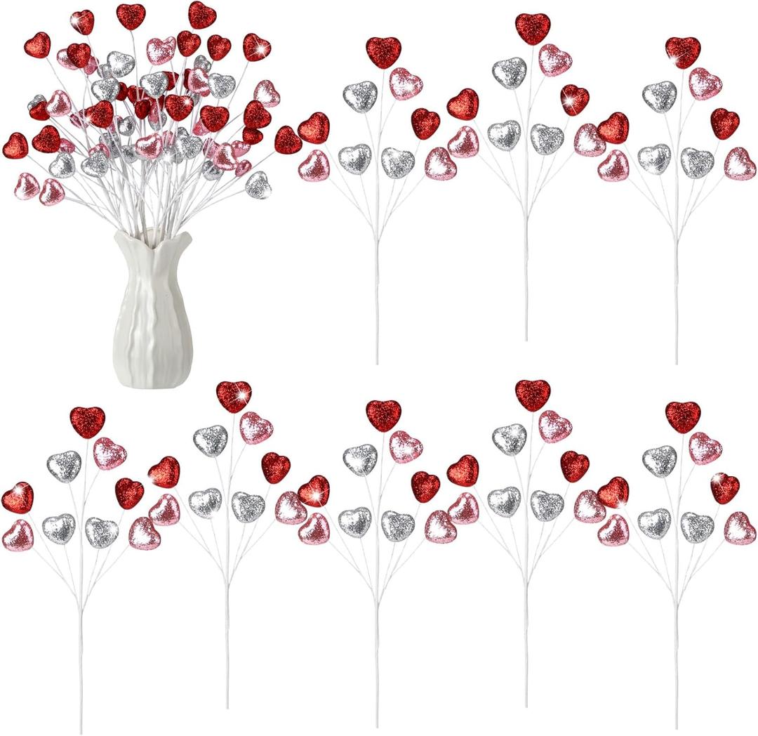 8 Pcs Valentine's Day Heart Picks 16.5 Inch Glitter Foam Hearts Picks Red Pink Silver Heart Stems for Valentines Flower Arrangements, Vase Centerpiece, Tree, Wedding, Romantic Home Decoration