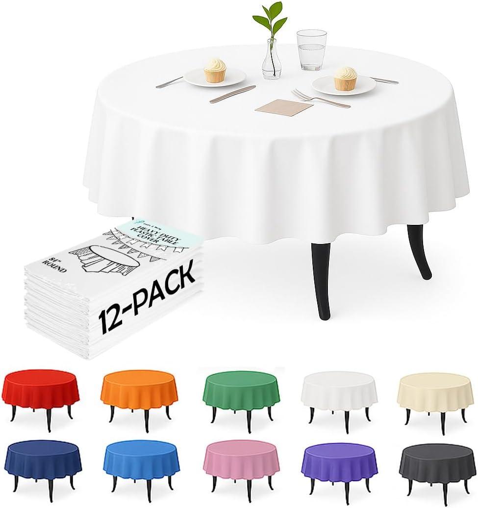 Craft And Party 12 Pack White Plastic Tablecloths, 84 Inch Round Disposable Table Covers, Heavy Duty & Waterproof for Parties, Events, Banquets, White