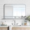 Silver Metal Framed Bathroom Mirror with Shelf 31.5x21.7 Inch Farmhouse Wall Mounted Vanity Mirror Modern Rectangle Matte Mirror for Bathroom Wall Anti-Rust