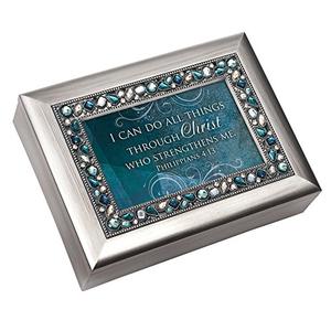 Cottage Garden Can Do All Things Through Christ Brushed Silvertone Jewelry Music Box Plays Amazing Grace