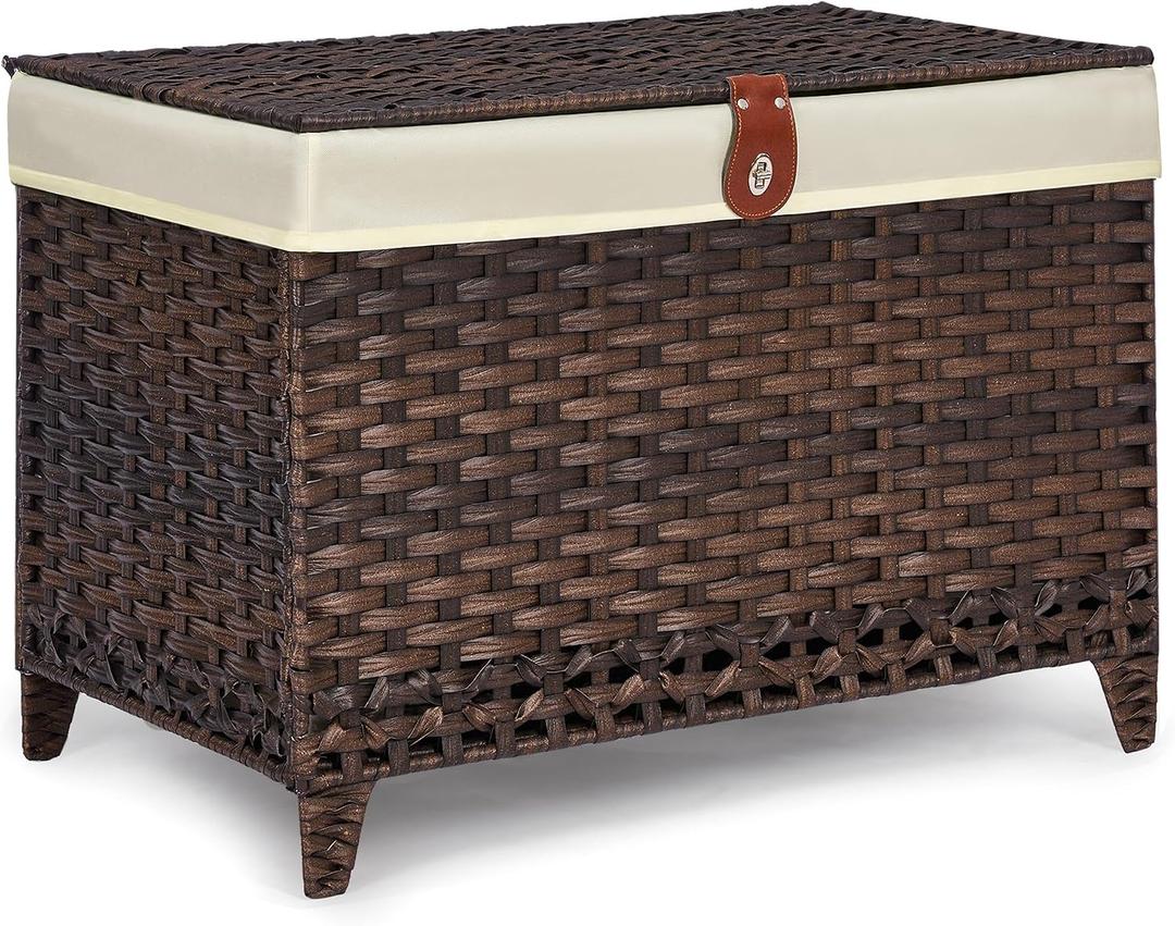 Honjourai Wicker Storage Basket with Lid,Rattan Shelf Basket with Removable Liner Bag,65L Storage Bin,Storage Trunk with Heightened Feet,Storage Container for Wardrobe,Home Organizer