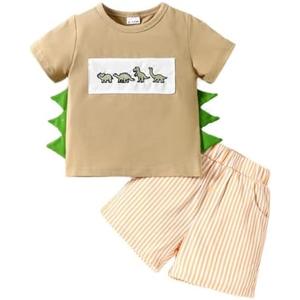 Toddler Baby Boy Clothes Dinosaur Embroidered Print Short Sleeve T-Shirt Elastic Striped Shorts Set 2 Piece Summer Outfits, Size 12-18M