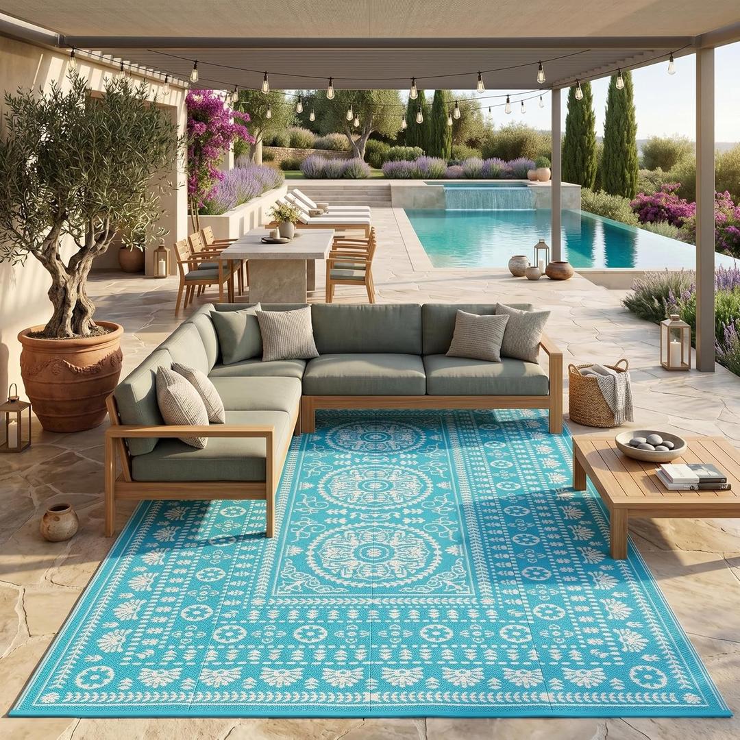 Garvee Reversible Outdoor Rug 6x9 for Patio, Waterproof Outdoor Area Rug, Modern Medallion Indoor Outdoor Rugs, Plastic Straw Rug for RV, Camping, Deck, Vintage Blue