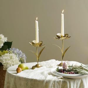 NIKKY HOME Tulip Taper Candle Holders Set of 2, Vintage Elegant Flower Shaped Metal Candlestick for Table Centerpieces, Wedding Decor and Dinner Party, Gold