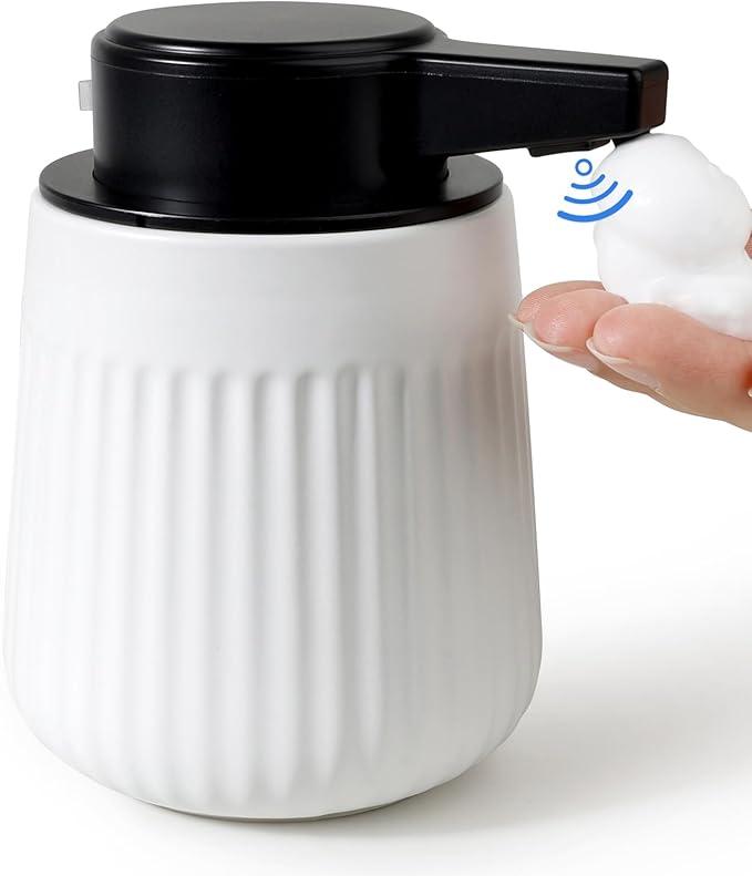 BosilunLife Ceramic Automatic Soap Dispenser with Extended Pump Nozzle, 3 Adjustable Levels, Touchless Foam Hand Wash Foaming Dispenser for Bathroom & Kitchen, Embossed Wave Design, White, 10oz