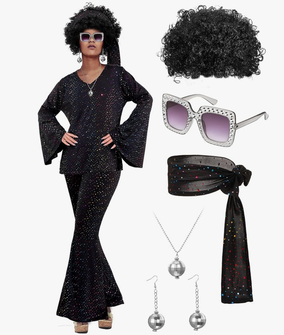Jexine Halloween 70s Women Disco Costume Set Disco Party Top Pants Sunglasses Ball Necklace Earring Wig, Medium