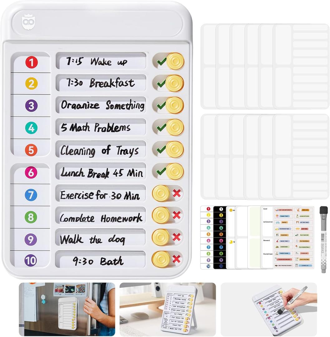 Magnetic Chore Chart for Kids, ADHD Tools for Kids to Do List Checklist Task Board Routine Chart Visual Schedule for Fridge with 10 Sliders and Magnetic Marker - White