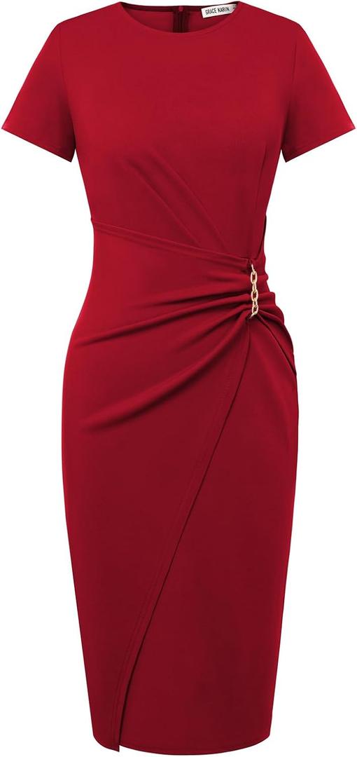 GRACE KARIN Work Dresses for Women 2026 Short Sleeve Sheath Business Midi Dress Wrap Bodycon Office Cocktail Outfits (Red, M)