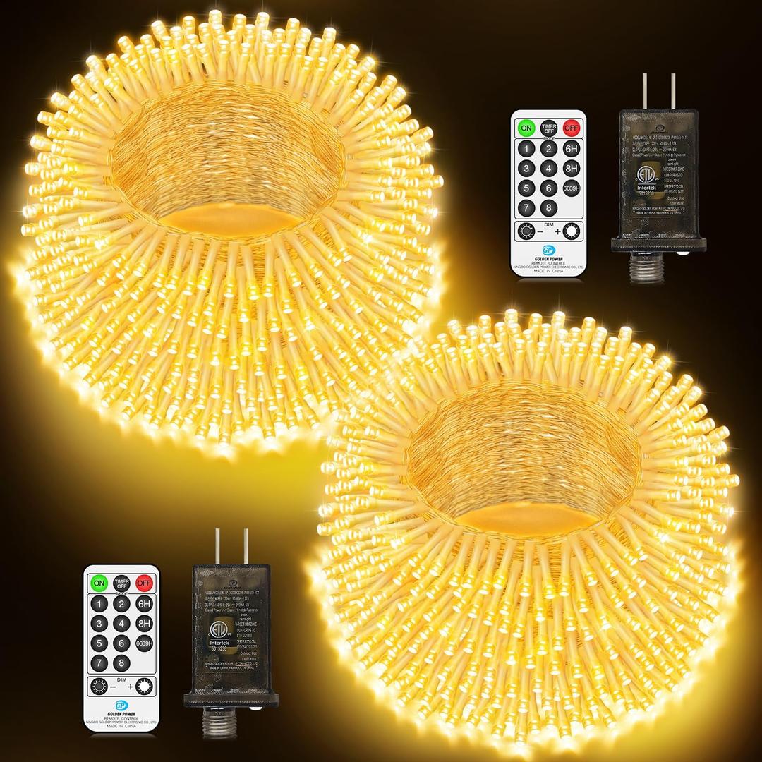 JXLEDAYY 2 Pack 403 FT 1000 LED String Lights Outdoor Christmas Lights Fairy Lights Plug in with Remote Timer 8 Modes for Outside House Tree Garden Wedding Party Decorations-Warm White
