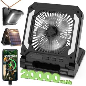 20000mAh Portable Fan Rechargeable with Solar Panel 2-in-1, 3 Speeds Cordless Battery Powered Fan with Led Lantern,Timer, Quiet USB-C Table Fan for Travel Tent Hurricane Office Home Bedroom (Black)