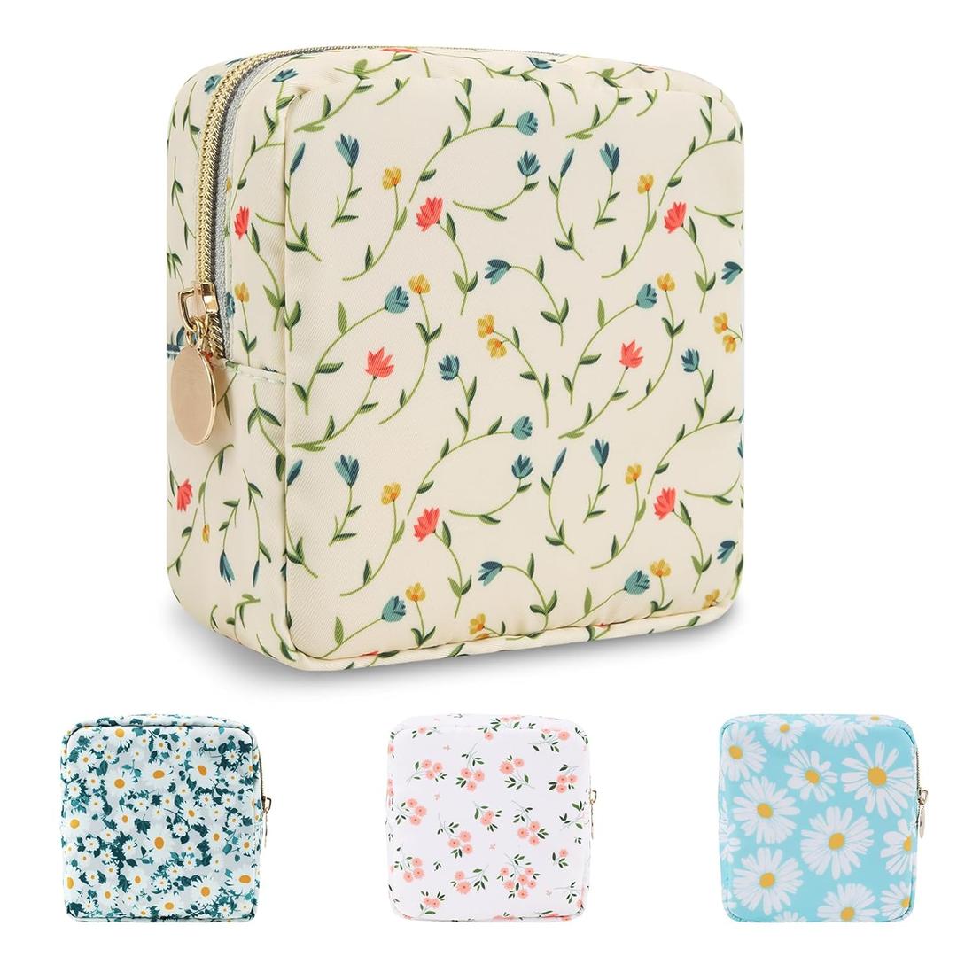 UIXIZQ Waterproof Mini Floral Makeup Bag Pouch for Purse,Nylon Flower Cosmetic Bag Small Preppy Toiletry Organizers Bag for Women Girl,Cute Zipper Pouch Coin Purse for Work(Mini Light Yellow-Flowers)