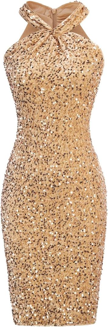 GRACE KARIN Sequin Dress for Women Sleeveless Sparkly Glitter Halter Dress Bodycon Mini Club Dresses 2025 (Small, Gold)