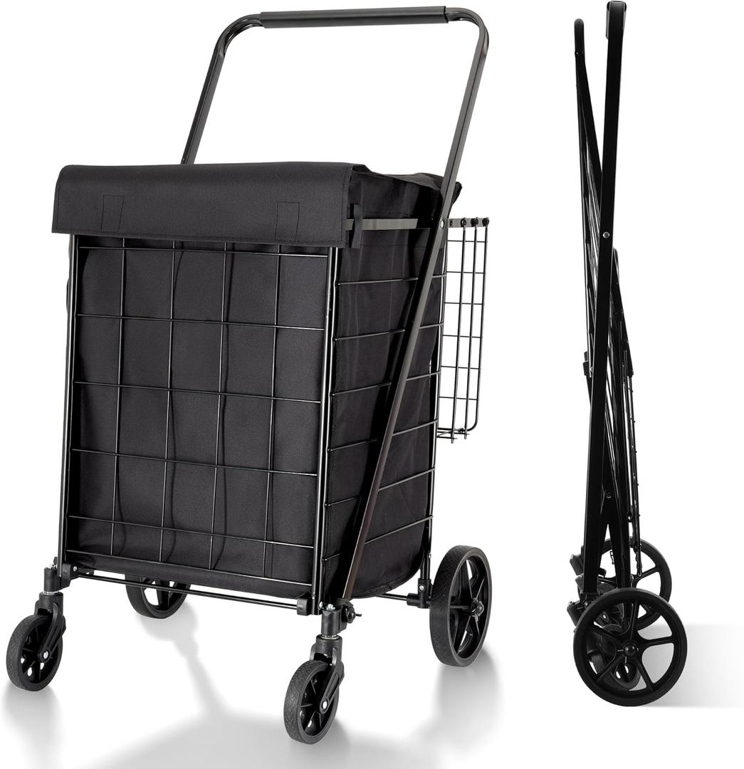 Folding Shopping Cart with Waterproof Liner, Grocery Cart Large Bag with Top Cover, 340 Lb Capacity, Utility Cart with 360 Rolling Swivel Wheels, Large & Extra Basket (L+ Basket, Cart+liner)