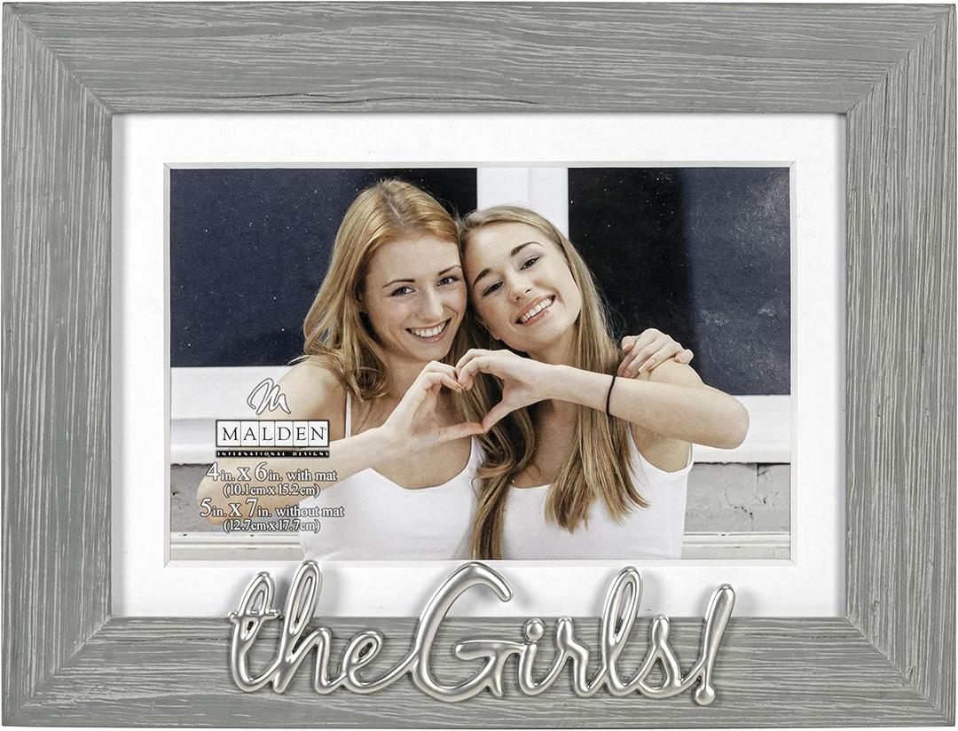 Malden International Designs 4x6 or 5x7 The Girls! Distressed Expressions Picture Frame Silver Finish The Girls! Word Attachment Gray Textured Wood Grain Finish MDF Frame White Beveled Mat