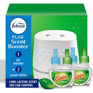 Febreze Plug Scent Booster Starter Kit, Oil Diffuser, Air Freshener Plug in, Giftable for Holidays, Continuous Scent Device + 2 Gain Original Refills