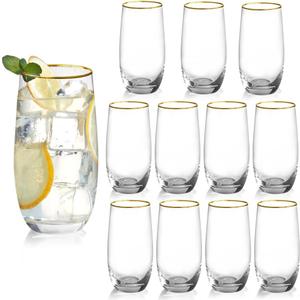 Drinking Glasses Set of 12, 13 oz Crystal Tall Highball Water Glasses Gold Rimmed Glassware Cups Drinking for Whiskey Cocktail Juice Water Beverage Mojito